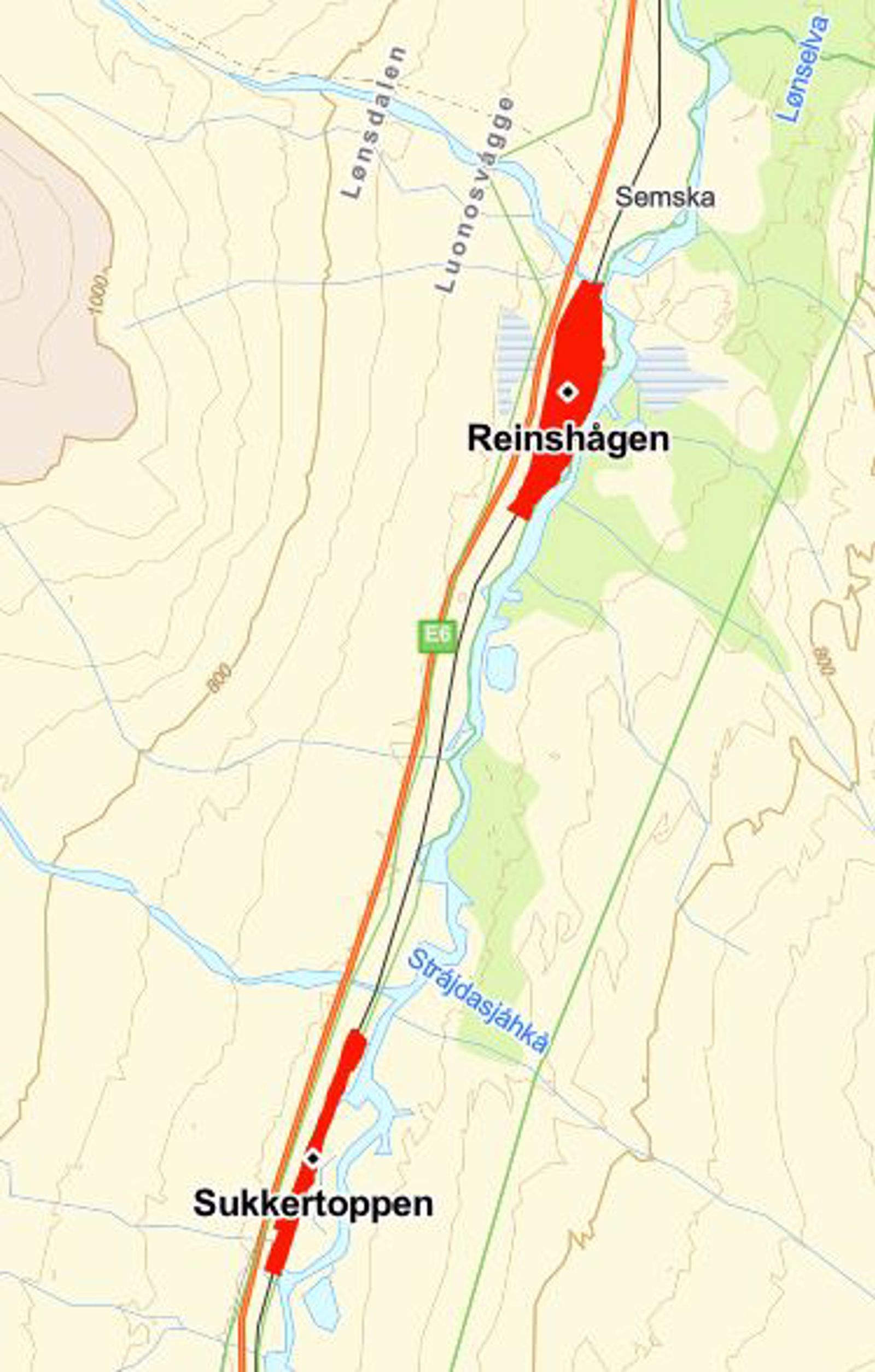 Kart som viser reguleringsområdene Reinsvågen og Sukkertoppen langs jernbanen på Saltfjellet