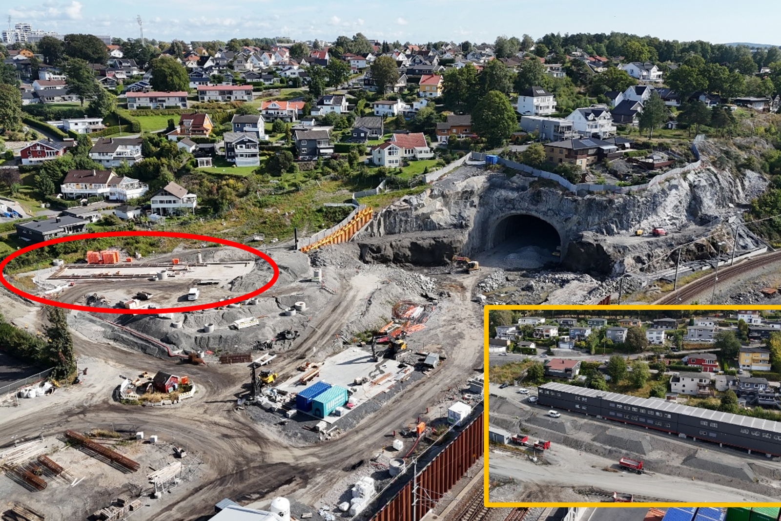 Dronefoto som viser hvor brakkeriggen skal oppføres. 