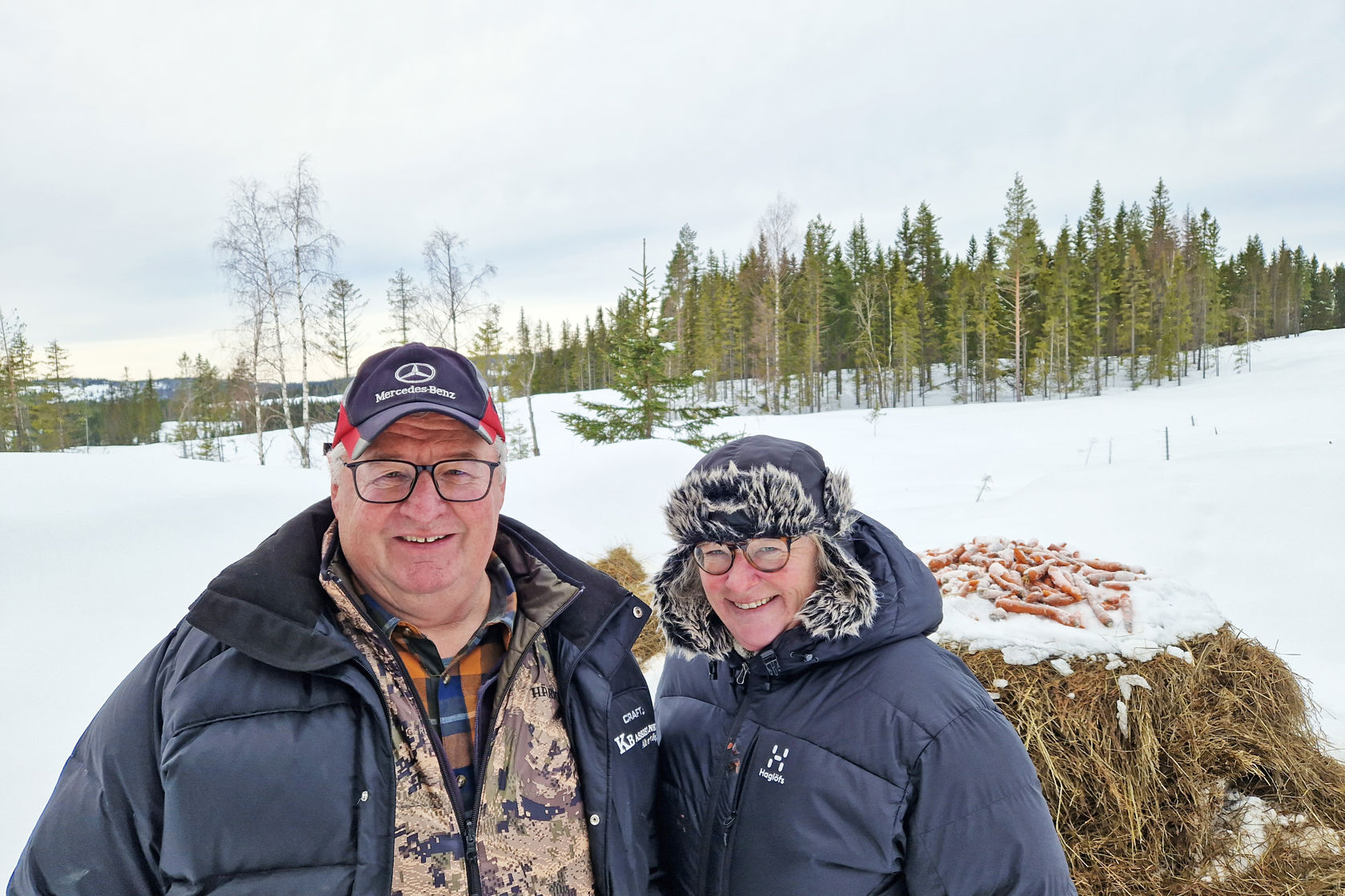To personer står foran en haug med høy og gulerøtter , plassert ute i et snødekket skogsterreng.