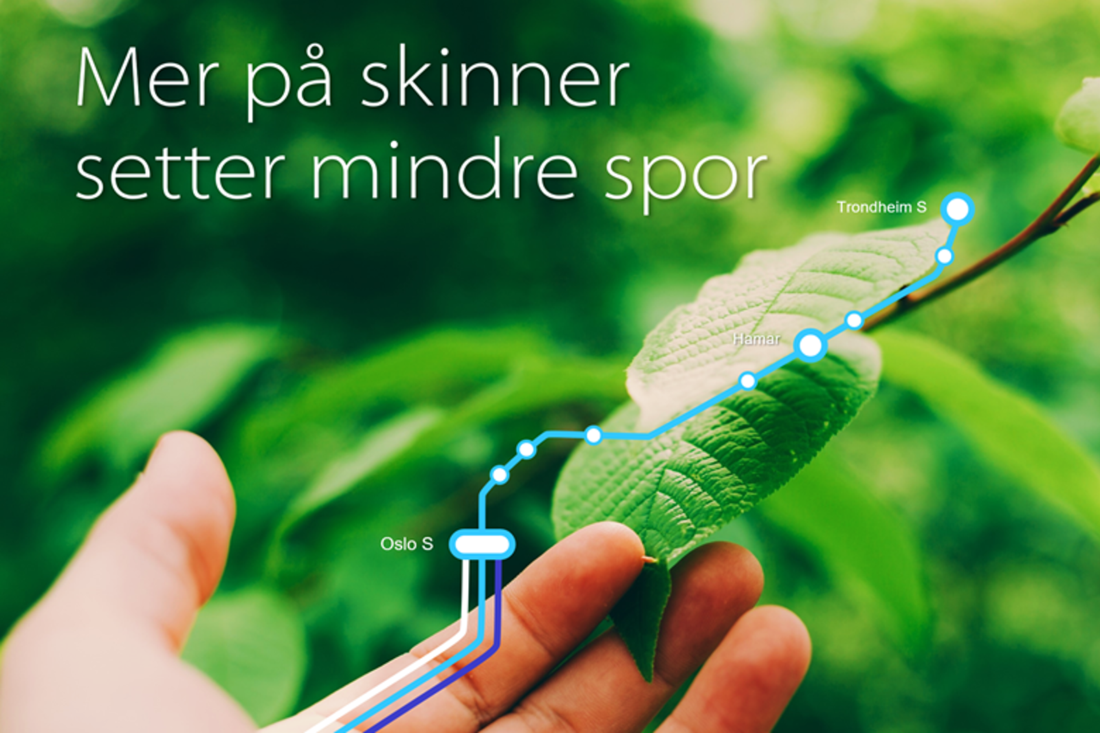 Hånd mot blader og illustrasjon av jernbanespor mellom byer. Tekst Mer på skinner setter mindre spor