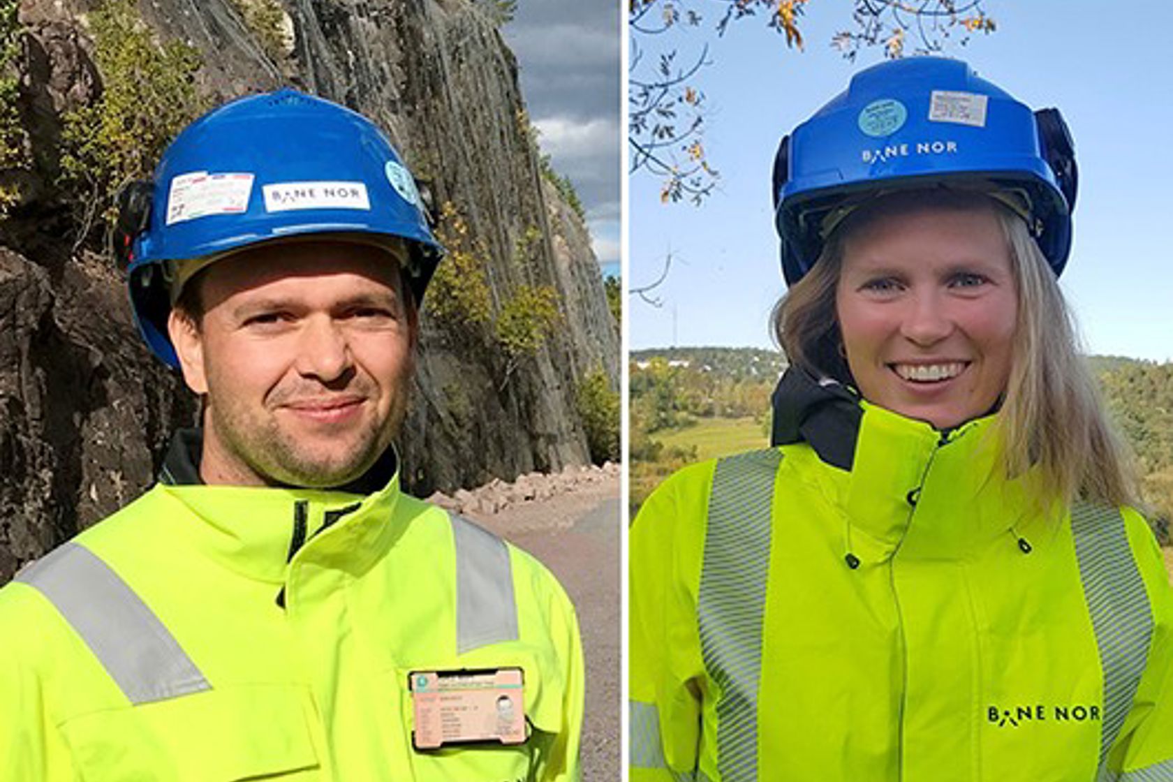 To-delt bilde av Vilde og Marius som smiler i gule verneklær og blå hjelm.