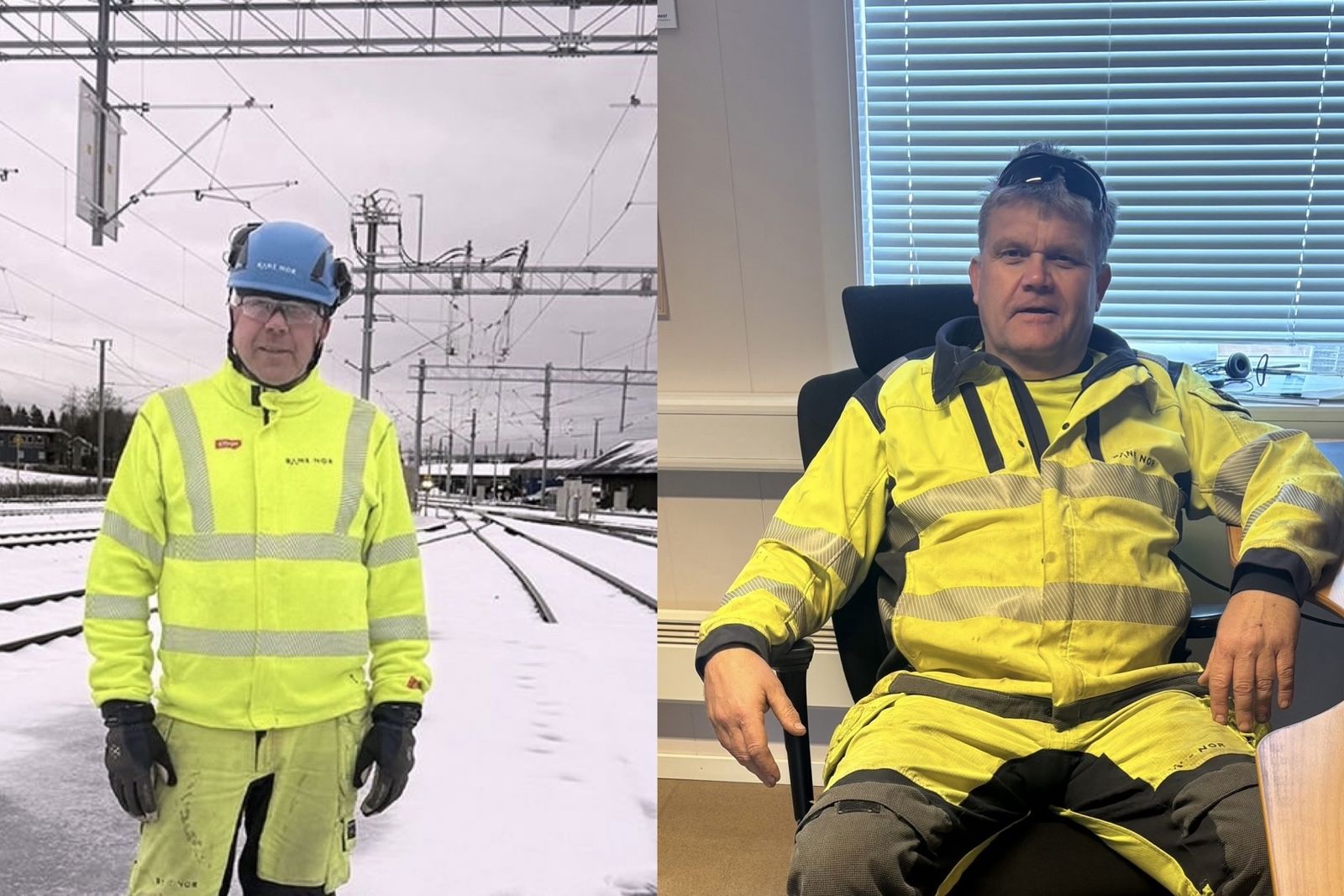 To bilder, hvor Morgan sitter på kontoret og Bjørn står på et snølagt sporområde.