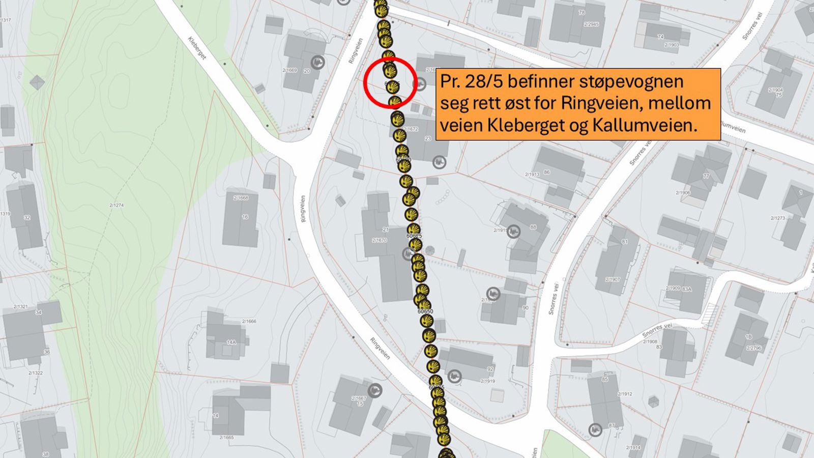 Illustrasjon og kart som viser hvor støpevognen jobber.