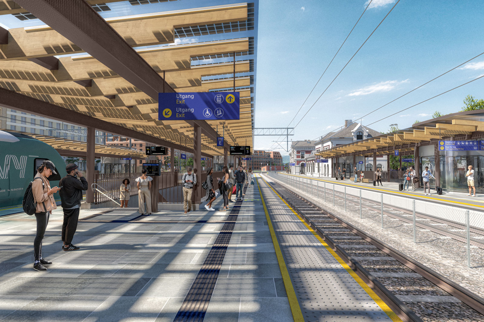 Illustrasjon av ny togstasjon med plattform på Hamar. 