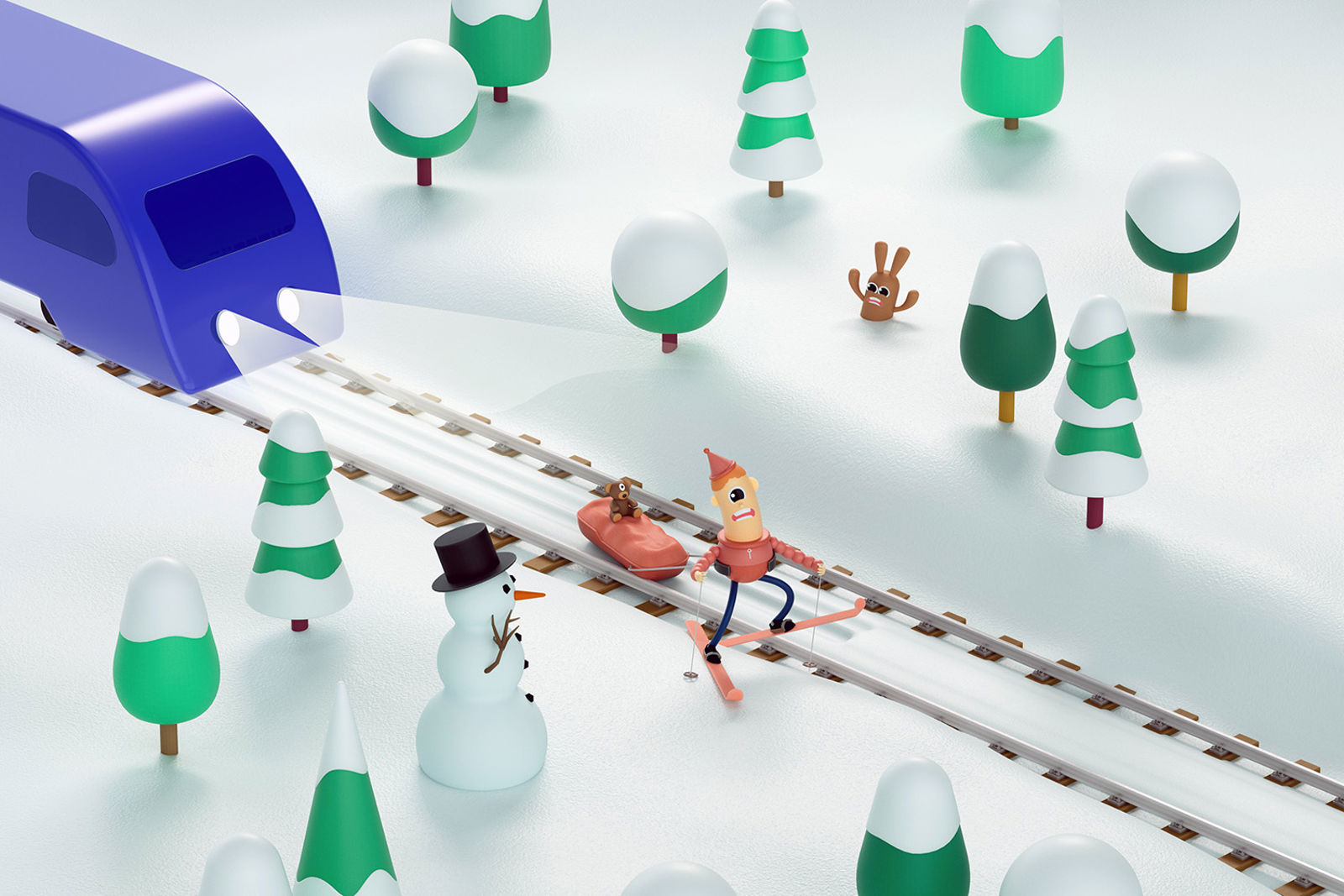 Fra tegnefilmen: Skiløper med pulk i sporet, bak ham kommer toget.