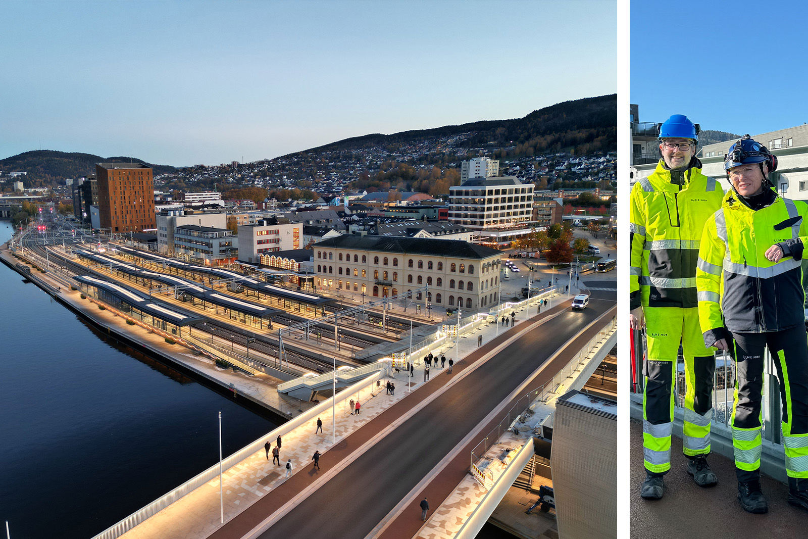 Kollasj av dronefoto av Drammen stasjon og foto av Hanne Stormo og Eirik Korsne