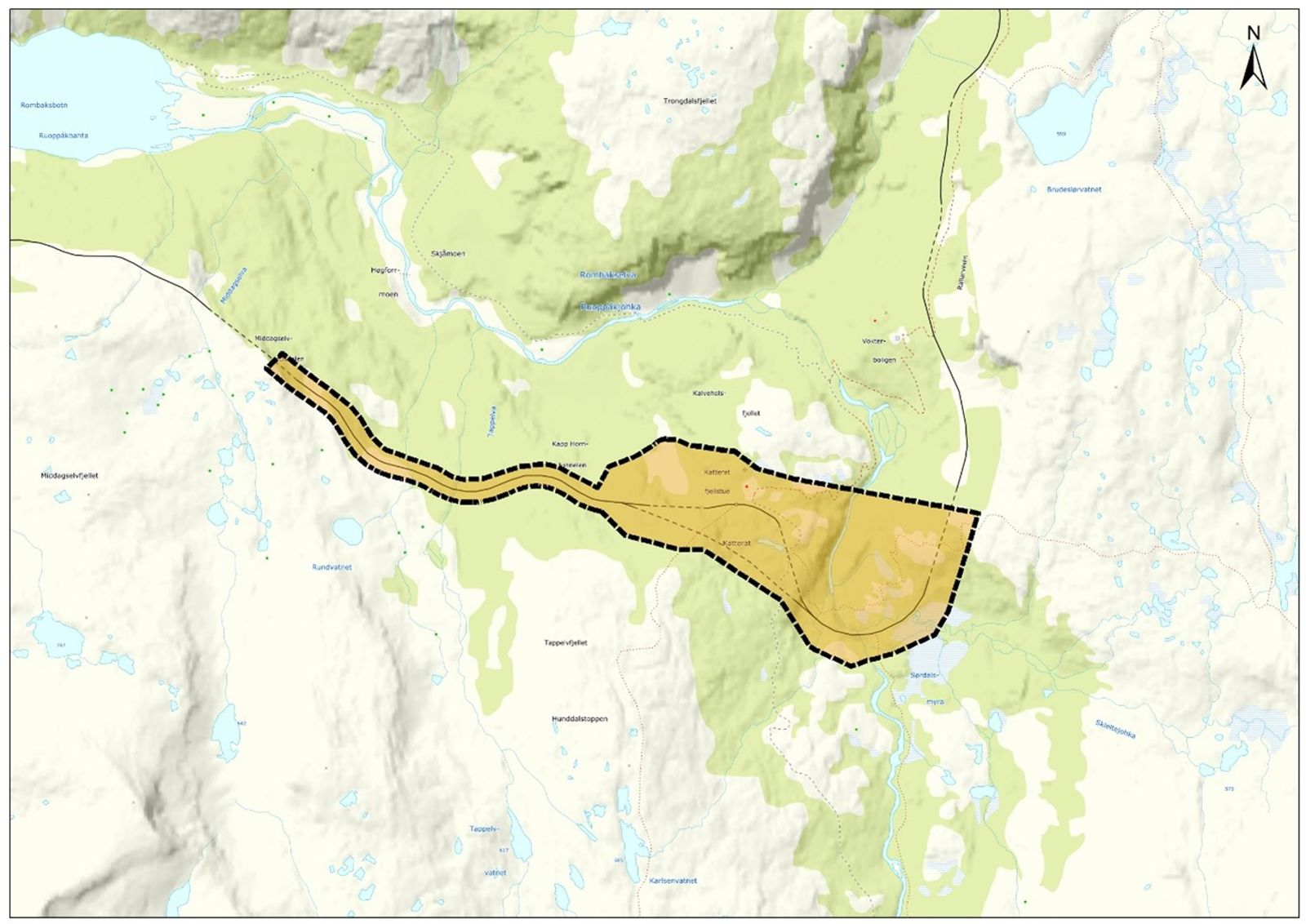 Plankart som viser reguleringsområde for kryssingsspor på Katterat stasjon.