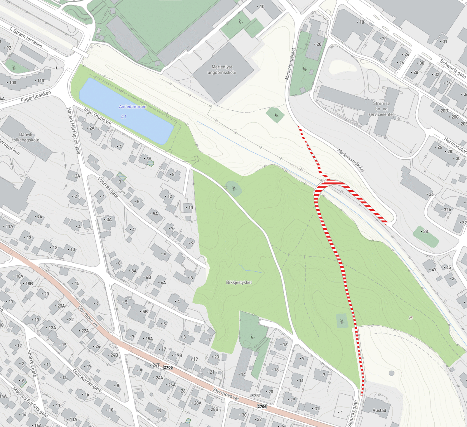 Kartutsnitt som viser hvor det er stengt. 