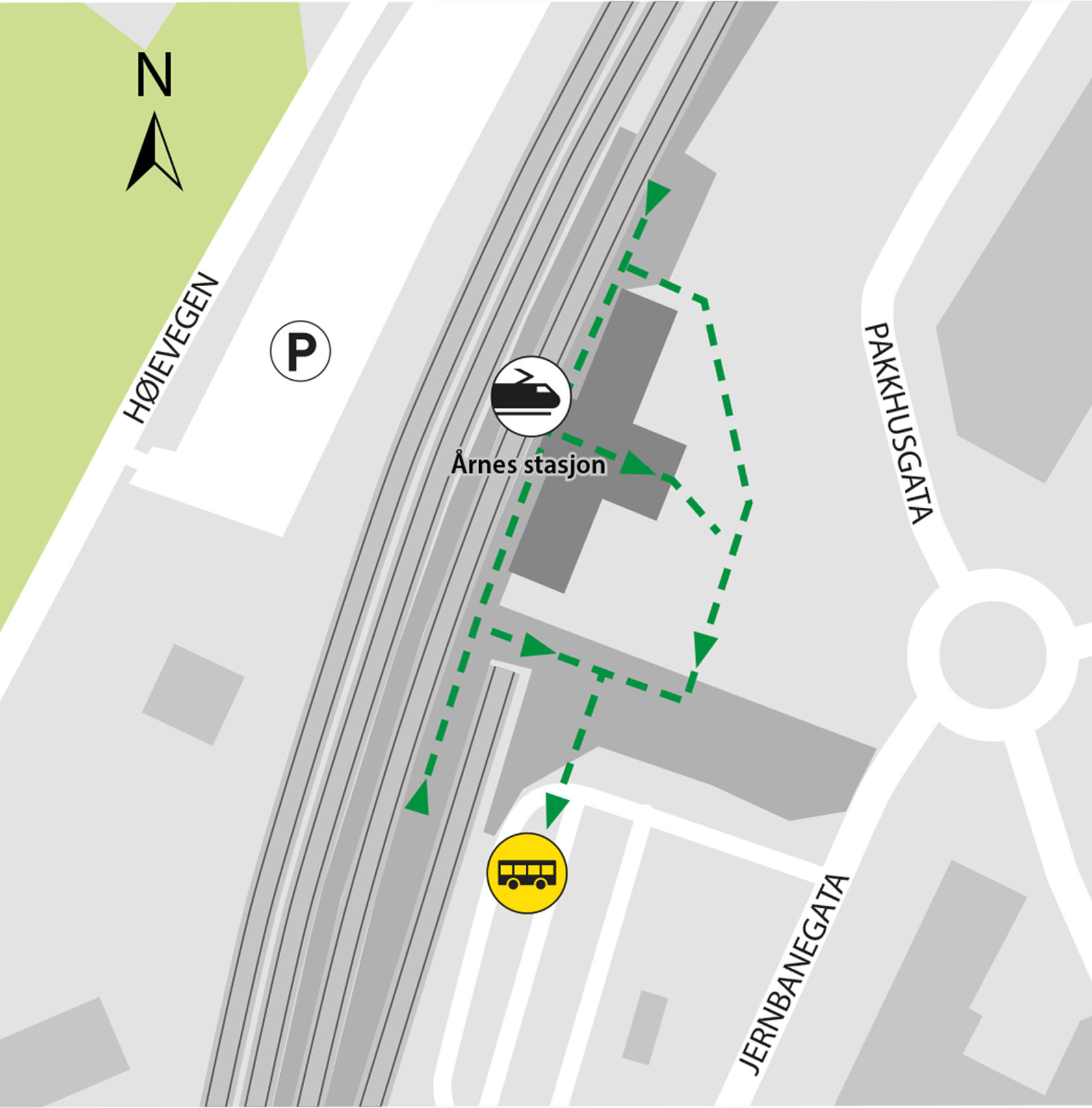 Kartet viser at bussene kjører fra bussholdeplassen Årnes stasjon, plattform 3.