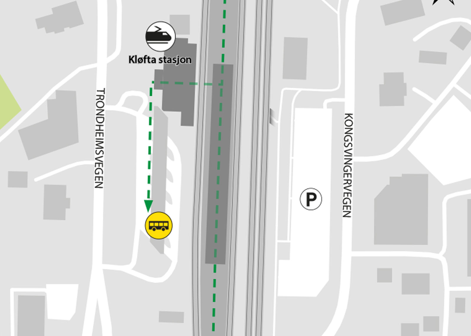 Kartet viser at bussene kjører fra bussholdeplassen Kløfta stasjon, plattform 5 og 6.