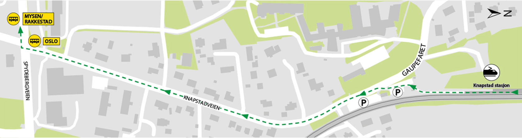 Kartet viser at bussene kjører fra bussholdeplassene Knapstad i Spydebergveien.