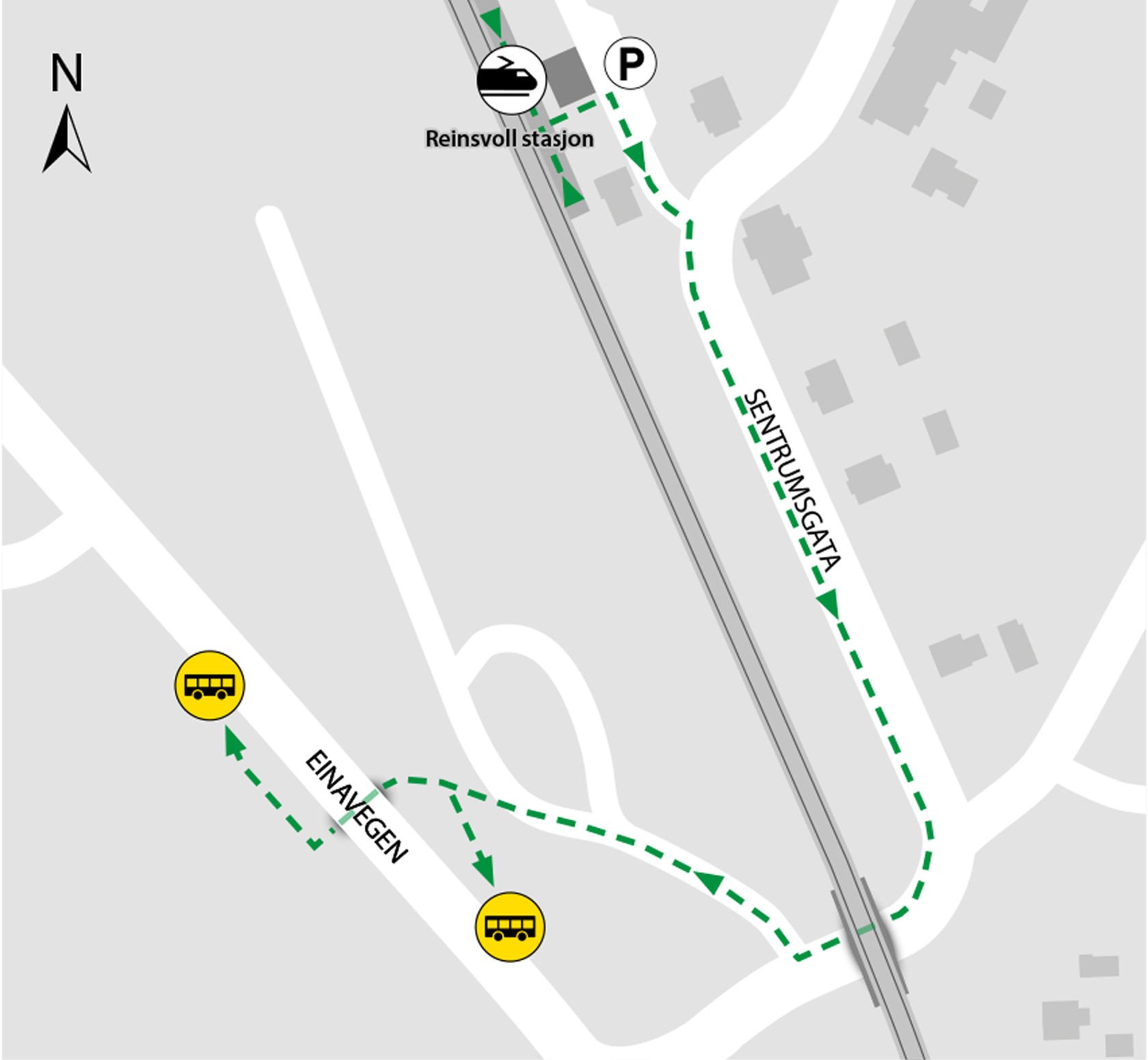 Kartet viser at bussene kjører fra bussholdeplassene Reinsvoll sør på RV 4.