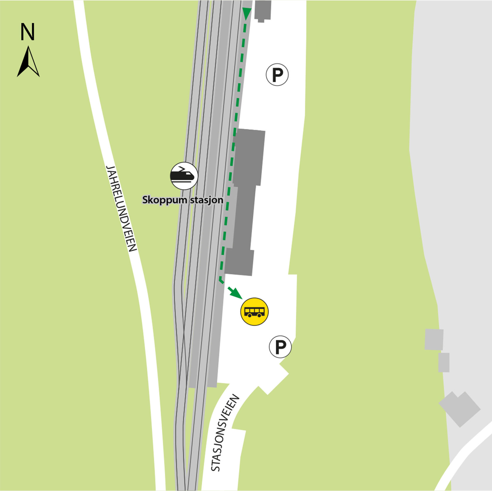 Kartet viser at bussene kjører fra bussholdeplassen Skoppum stasjon.