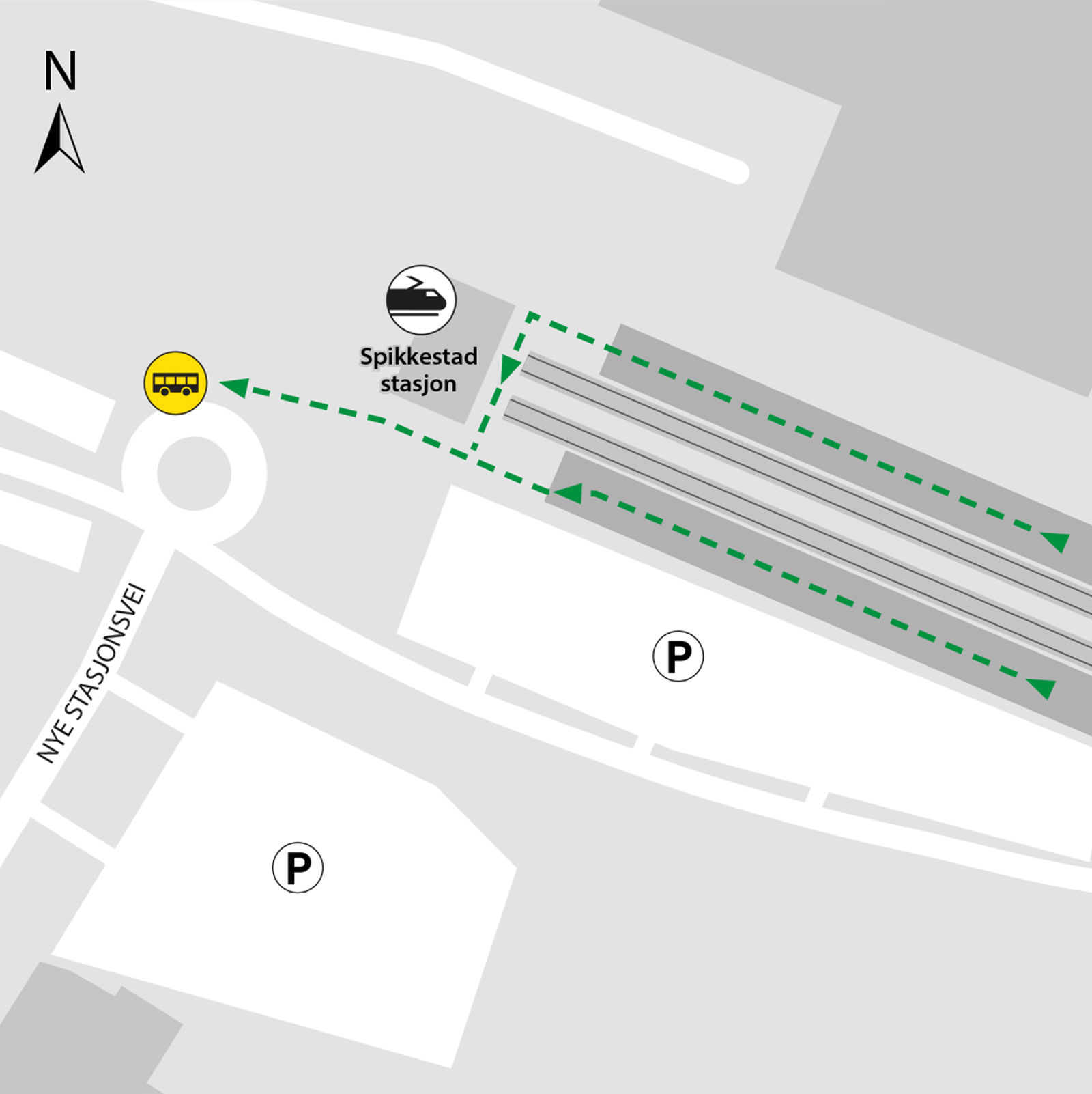 Kartet viser at bussene kjører fra rundkjøringen ved parkeringsplassen.
