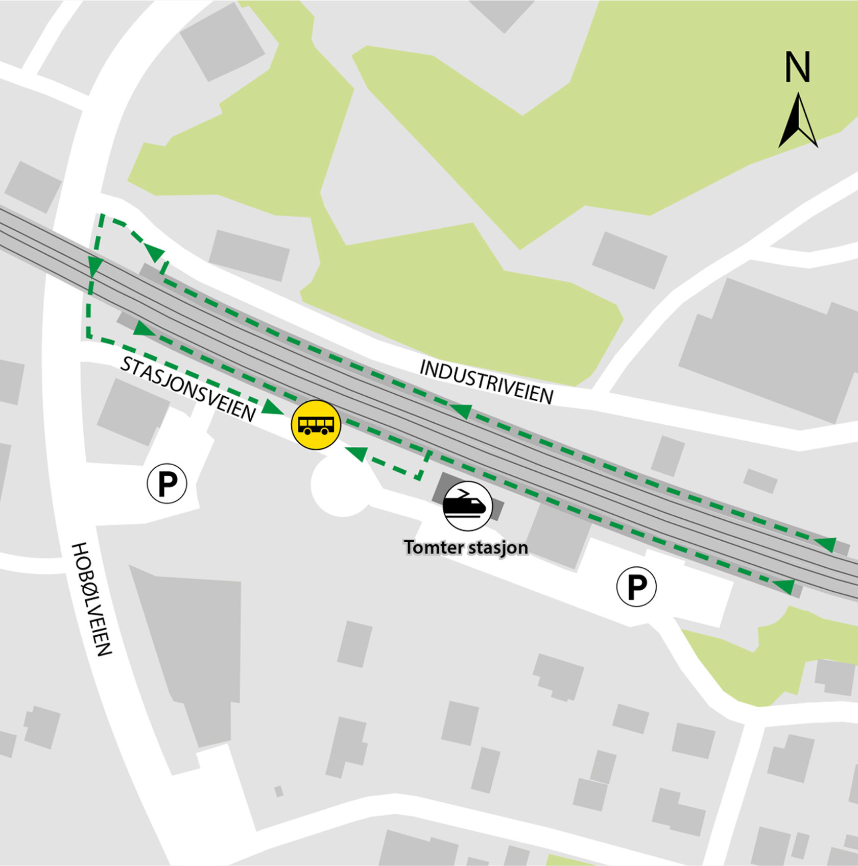 Kartet viser at bussene kjører fra bussholdeplassen Tomter stasjon.