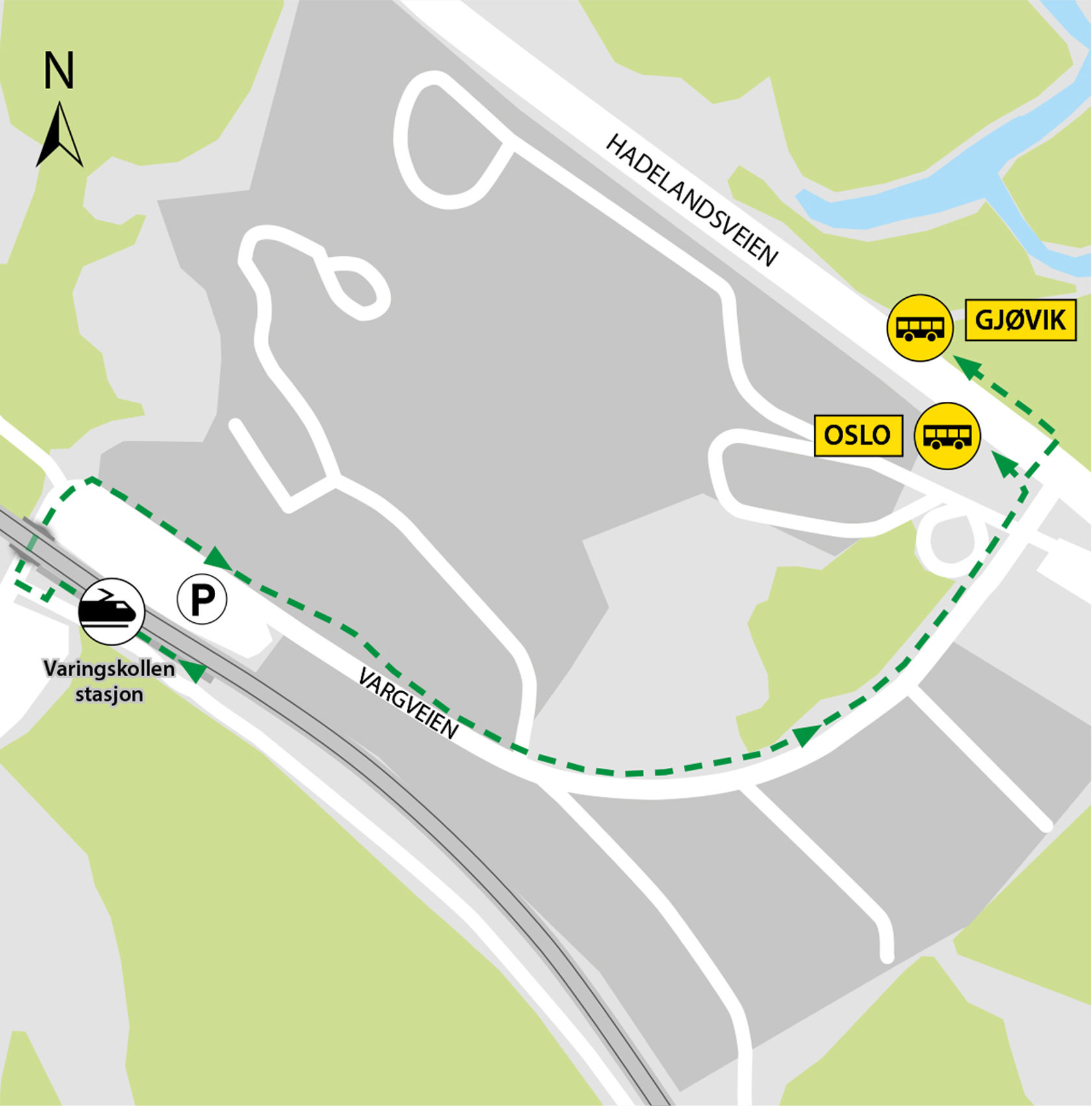 Kartet viser at bussene kjører fra bussholdeplassen Varingskollen i Hadelandsveien ved RV4.