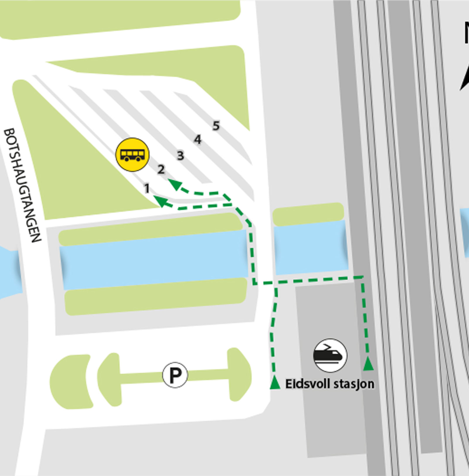 The buses run from the Eidsvoll station bus stop, platforms 1 and 2.