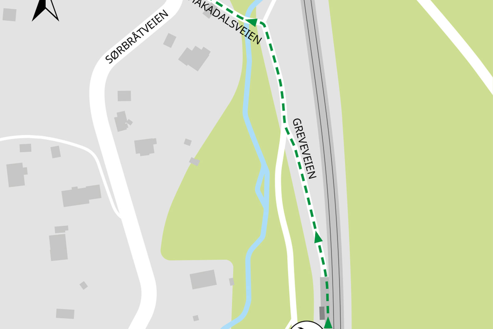 Map shows rail replacement service departs from the crossroad Sørbråtveien / Hakadalsveien.
