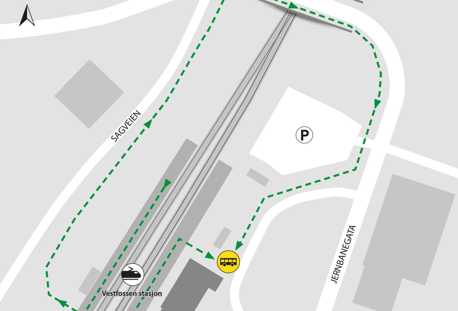 Map shows rail replacement service departs from Vestfossen station bus stop.