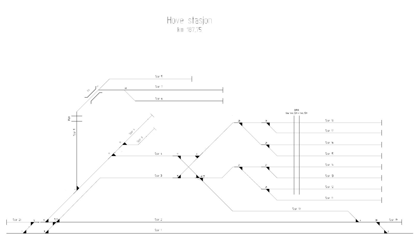 Skjematisk sporplan av Hove stasjon som viser spor og spornummer. 